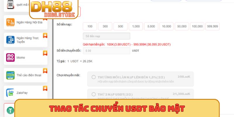 Thao tác chuyển USDT bảo mật