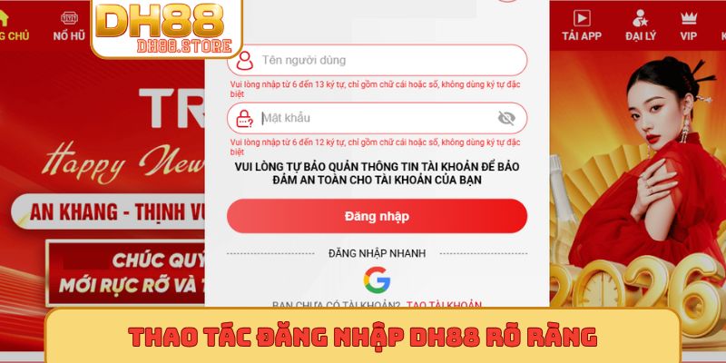 Thao tác đăng nhập DH88 rõ ràng